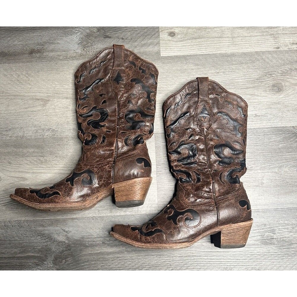 Corral Vintage Leather Western Cowgirl Boots Snip Toe Brown Black C1957 Size 9 M